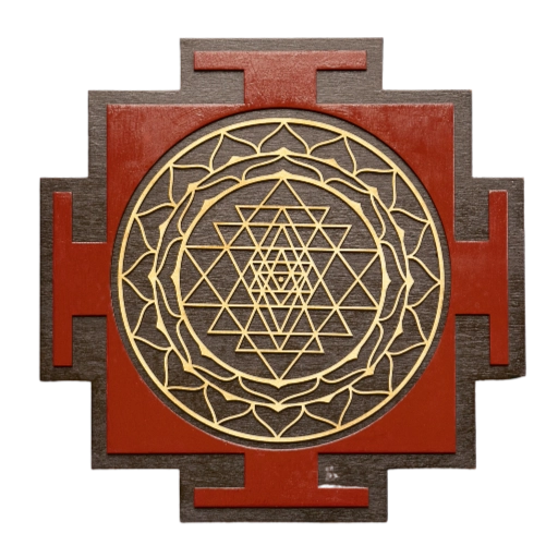 Sri Chakra (Sri Yantra) plaque in gold and maroon